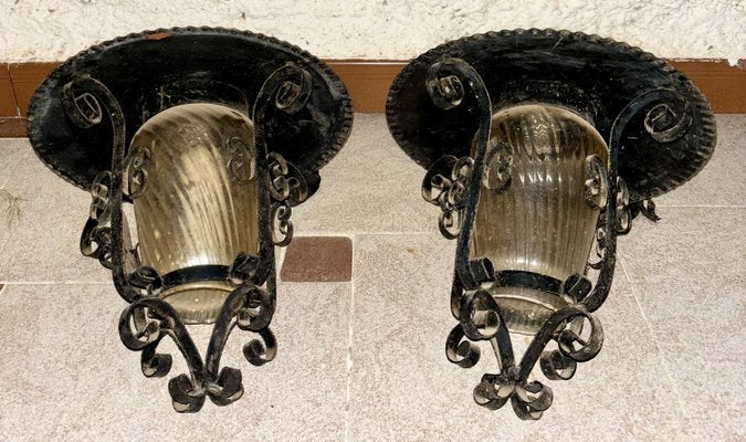 French Iron and Tole Glass-Paneled Lantern, 1970s, Set of 2-NOU-2036057