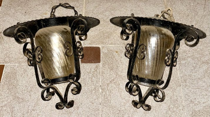 French Iron and Tole Glass-Paneled Lantern, 1970s, Set of 2-NOU-2036057