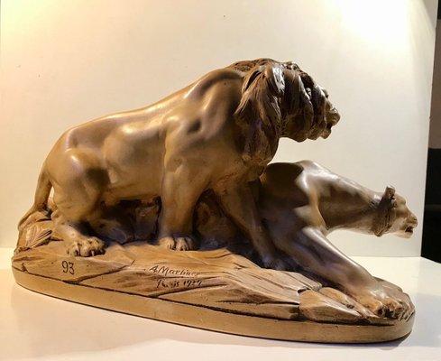 French L'Affut Art Deco Sculpture of Lions by A. Martinez, Paris 1924-LCR-829938