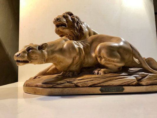 French L'Affut Art Deco Sculpture of Lions by A. Martinez, Paris 1924-LCR-829938