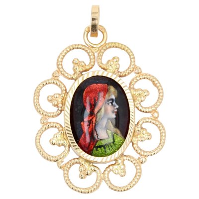 French Limoges Enamel Pendant in 18 Karat Yellow Gold, 1960s-OLU-1174027