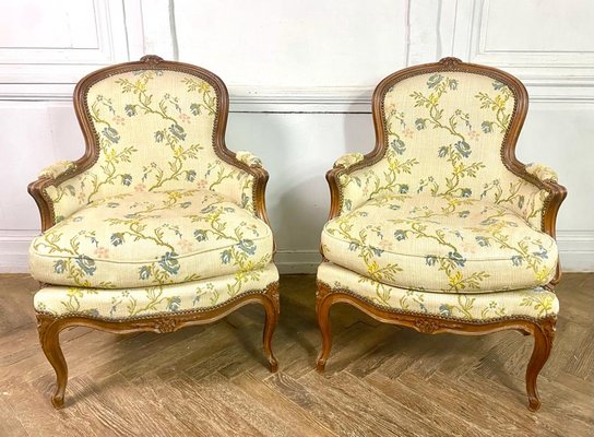 French Louis XV Bergere Armchairs in Carved Wood, Set of 2-BXG-1791793