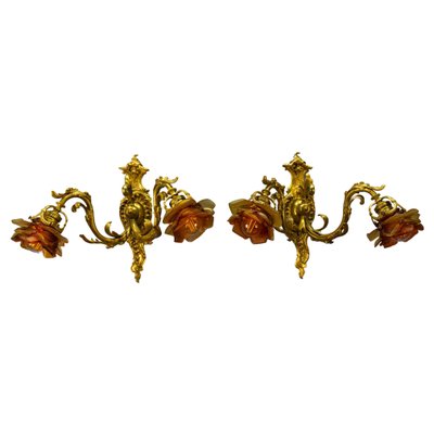 French Louis XV Style Bronze and Brown Glass Sconces, 1890s, Set of 2-KEG-1734561