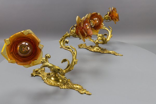 French Louis XV Style Bronze and Brown Glass Sconces, 1890s, Set of 2-KEG-1734561