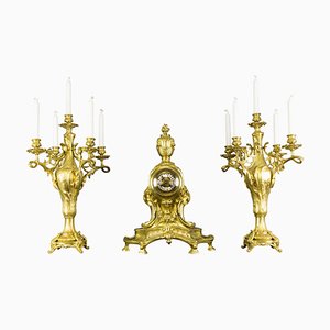 French Louis XV Style Garniture Clock Set in Bronze, Set of 3-KEG-1086620