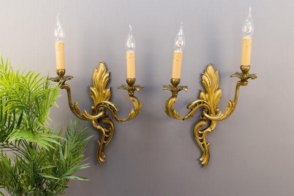 French Louis XV Style Two-Light Bronze Sconces, Set of 2-KEG-1086632