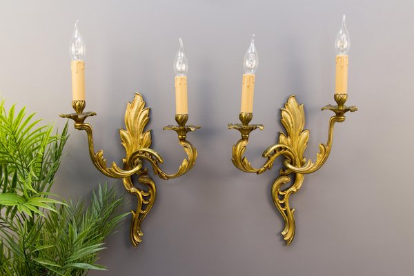 French Louis XV Style Two-Light Bronze Sconces, Set of 2-KEG-1086632