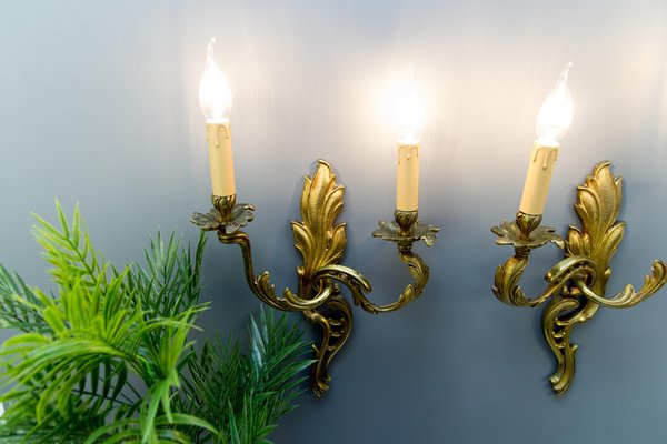 French Louis XV Style Two-Light Bronze Sconces, Set of 2-KEG-1086632