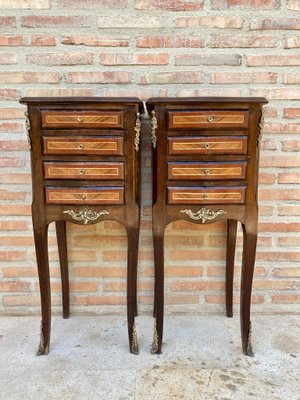 French Louis XV Tulipwood Veneer Bedside Tables or Nightstands, Set of 2-NOU-1137394