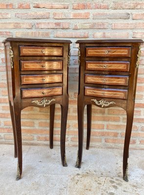 French Louis XV Tulipwood Veneer Bedside Tables or Nightstands, Set of 2-NOU-1137394