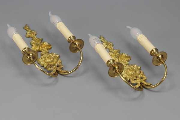 French Louis XVI Style 2-Light Gilt Bronze and Brass Floral Sconces, Set of 2-KEG-1192991