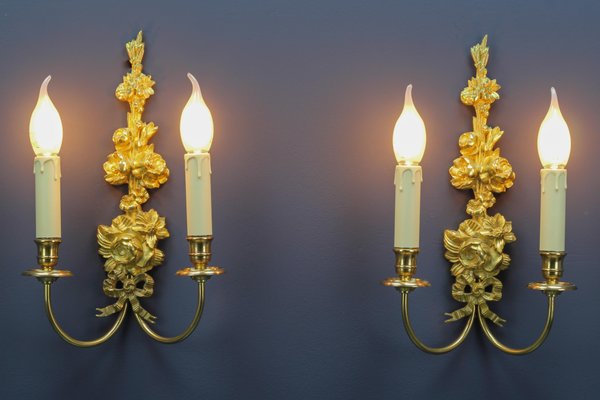 French Louis XVI Style 2-Light Gilt Bronze and Brass Floral Sconces, Set of 2-KEG-1192991