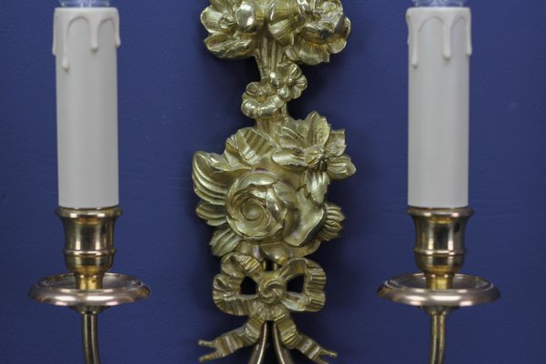 French Louis XVI Style 2-Light Gilt Bronze and Brass Floral Sconces, Set of 2-KEG-1192991