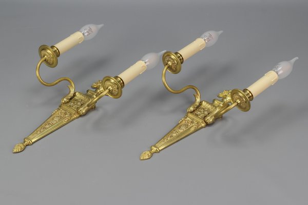 French Louis XVI Style 2-Light Gilt Bronze and Brass Sconces, Set of 2-KEG-1192993