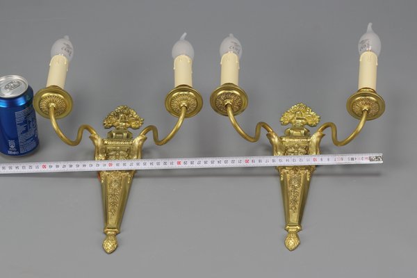 French Louis XVI Style 2-Light Gilt Bronze and Brass Sconces, Set of 2-KEG-1192993