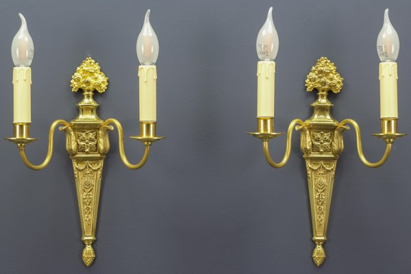 French Louis XVI Style 2-Light Gilt Bronze and Brass Sconces, Set of 2-KEG-1192993