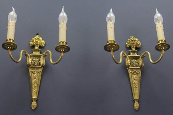 French Louis XVI Style 2-Light Gilt Bronze and Brass Sconces, Set of 2-KEG-1192993