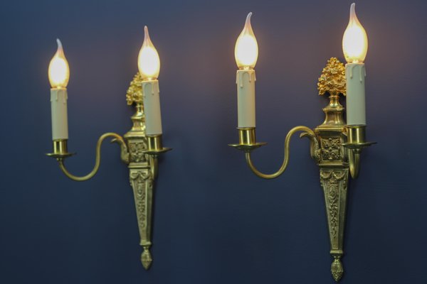 French Louis XVI Style 2-Light Gilt Bronze and Brass Sconces, Set of 2-KEG-1192993