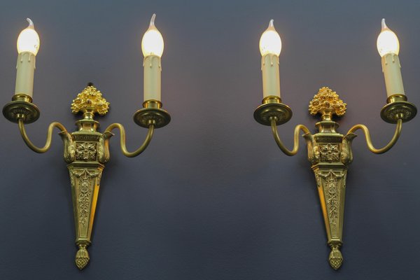 French Louis XVI Style 2-Light Gilt Bronze and Brass Sconces, Set of 2-KEG-1192993