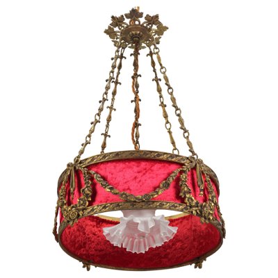 French Louis XVI Style Bronze and Red Fabric Shade Pendant Light, 1920s-KEG-1114690