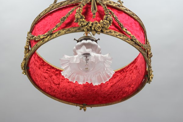 French Louis XVI Style Bronze and Red Fabric Shade Pendant Light, 1920s-KEG-1114690