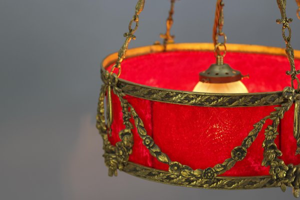 French Louis XVI Style Bronze and Red Fabric Shade Pendant Light, 1920s-KEG-1114690