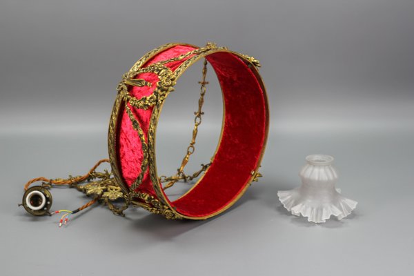 French Louis XVI Style Bronze and Red Fabric Shade Pendant Light, 1920s-KEG-1114690