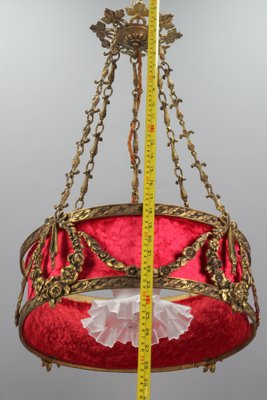 French Louis XVI Style Bronze and Red Fabric Shade Pendant Light, 1920s-KEG-1114690