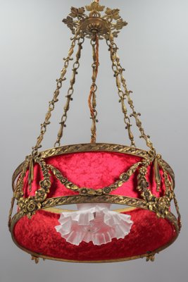 French Louis XVI Style Bronze and Red Fabric Shade Pendant Light, 1920s-KEG-1114690