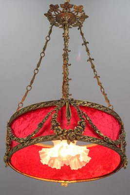 French Louis XVI Style Bronze and Red Fabric Shade Pendant Light, 1920s-KEG-1114690