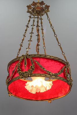 French Louis XVI Style Bronze and Red Fabric Shade Pendant Light, 1920s-KEG-1114690