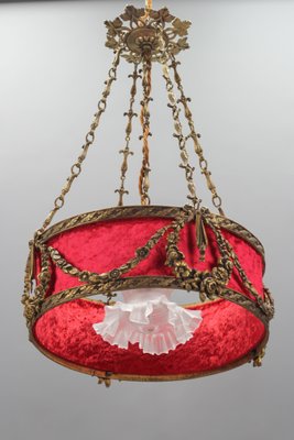 French Louis XVI Style Bronze and Red Fabric Shade Pendant Light, 1920s-KEG-1114690