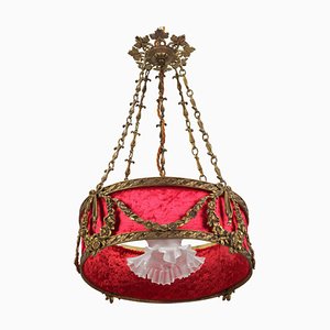 French Louis XVI Style Bronze and Red Fabric Shade Pendant Light, 1920s-KEG-1114690