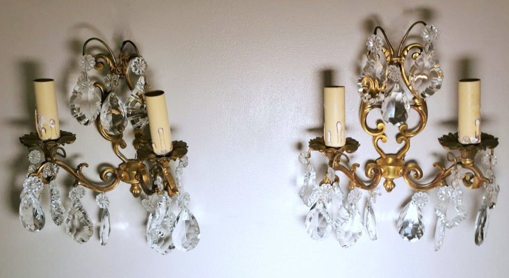 French Louis XVI Style Wall Sconces in Brass and Crystals, Set of 2-QRS-1299832