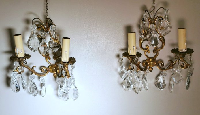 French Louis XVI Style Wall Sconces in Brass and Crystals, Set of 2-QRS-1299832