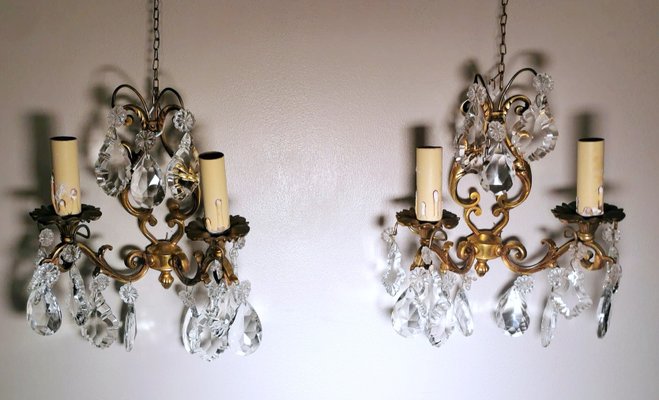 French Louis XVI Style Wall Sconces in Brass and Crystals, Set of 2-QRS-1299832