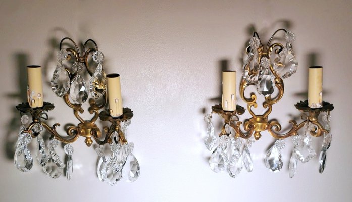 French Louis XVI Style Wall Sconces in Brass and Crystals, Set of 2-QRS-1299832