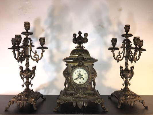 French Mantel Clock with Candlesticks in Bronze, 1880s, Set of 3-QVR-1093311