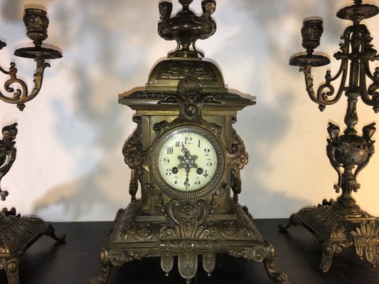 French Mantel Clock with Candlesticks in Bronze, 1880s, Set of 3-QVR-1093311