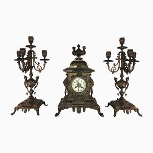 French Mantel Clock with Candlesticks in Bronze, 1880s, Set of 3-QVR-1093311