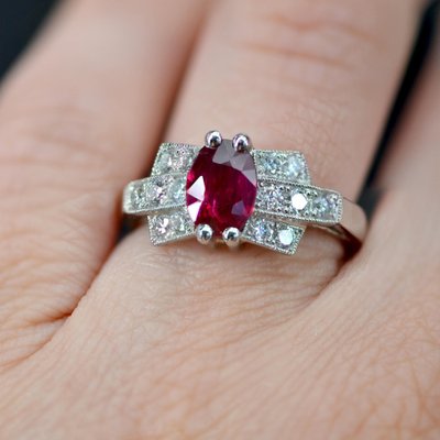 French Modern Art Deco Ruby Diamonds Platinum Ring, 2022-OLU-1452040