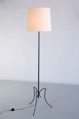 French Modern Black Iron and Ivory Shade Three Legged Floor Lamp, 1950s-FMT-1275186