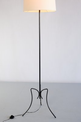 French Modern Black Iron and Ivory Shade Three Legged Floor Lamp, 1950s-FMT-1275186