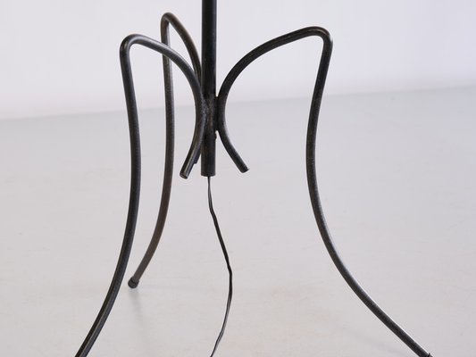 French Modern Black Iron and Ivory Shade Three Legged Floor Lamp, 1950s-FMT-1275186