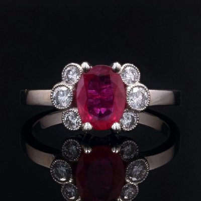 French Modern Ruby with Diamonds & Platinum Engagement Ring-OLU-1335858