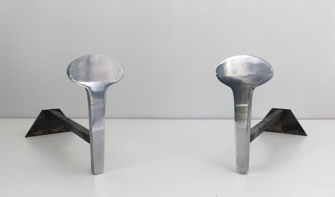 French Modernist Chromed Steel and Iron Andirons, 1970s, Set of 2-BA-658266