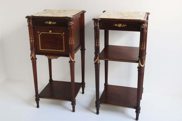 French Napoleon III Nightstands / Bedside Tables in Mahogany, Bronze & Marble, 1860, Set of 2-WIP-2041195