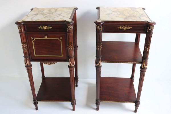 French Napoleon III Nightstands / Bedside Tables in Mahogany, Bronze & Marble, 1860, Set of 2-WIP-2041195