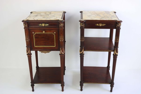 French Napoleon III Nightstands / Bedside Tables in Mahogany, Bronze & Marble, 1860, Set of 2-WIP-2041195