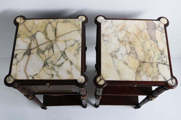 French Napoleon III Nightstands / Bedside Tables in Mahogany, Bronze & Marble, 1860, Set of 2-WIP-2041195